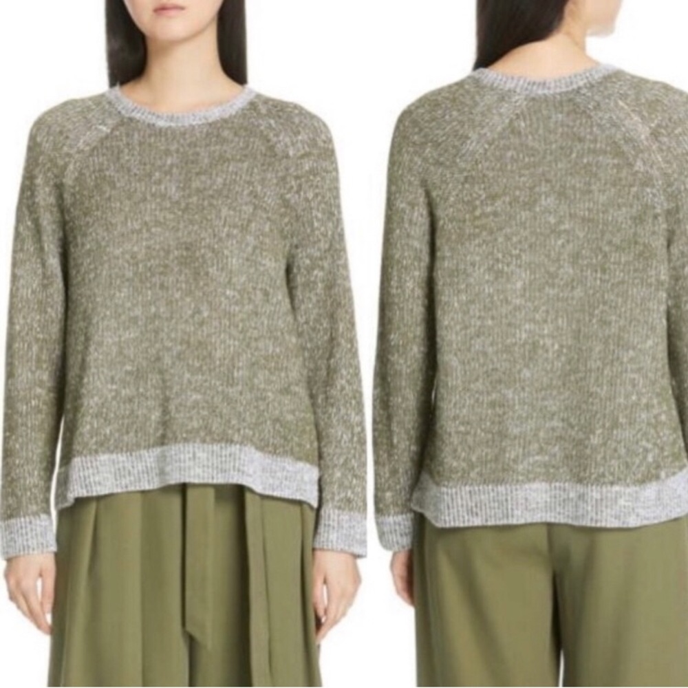 Eileen Fisher organic green and white crew neck sweater.